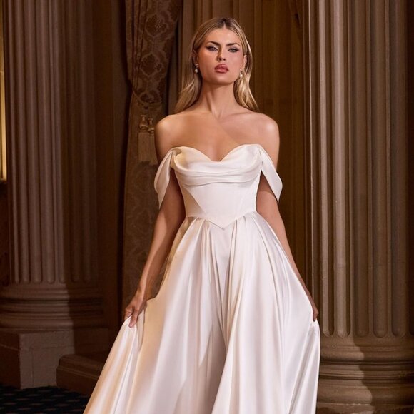 New A-Line Formal Off Shoulder Wedding Dress w/ Lace Up Back & Leg Slit CD 7449W - Picture 1 of 8